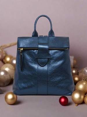 Isabelle , Metallic Leather Rucksack , Blue