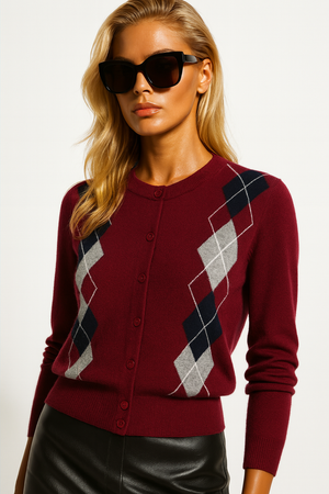 LAURENCE , 100% CASHMERE DIAMOND CARDIGAN , RED