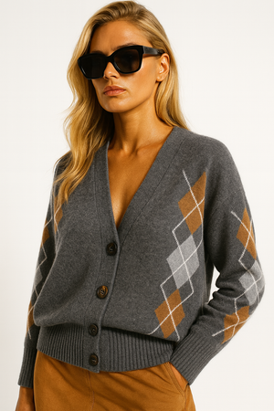 DESIRE' , RELAXED V-NECK DIAMOND CARDIGAN , GREY