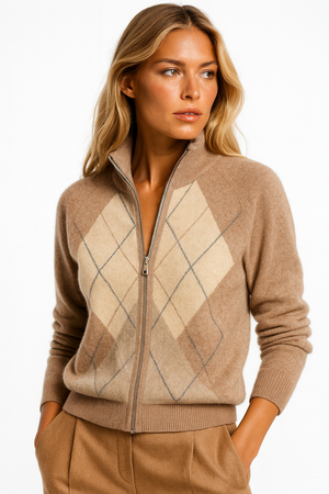 RENE , 100% CASHMERE ZIP CARDIGAN , CARAMEL