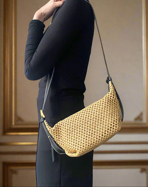 MARCEL , LEATHER & RAFFIA CROSSBODY BAG , BLACK