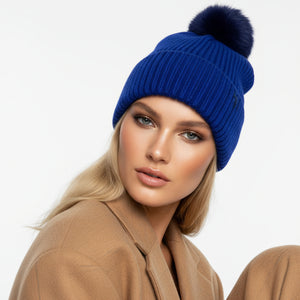 POM POM BEANIE IN CASHMERE & ANGORA  , ROYAL BLUE