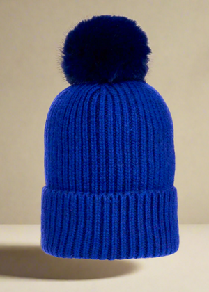 POM POM BEANIE IN CASHMERE & ANGORA  , ROYAL BLUE