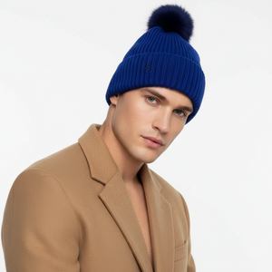 POM POM BEANIE IN CASHMERE & ANGORA  , ROYAL BLUE