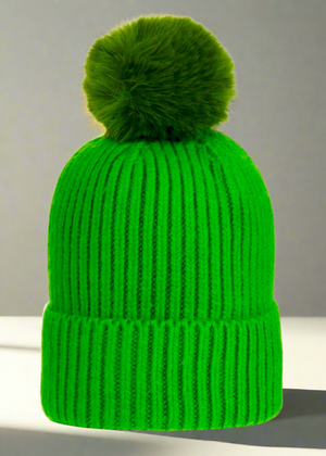 POM POM BEANIE IN CASHMERE & ANGORA , EMERALD GREEN