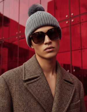 POM POM BEANIE IN CASHMERE & ANGORA , GREY