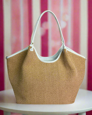 MELISSA , RAFFIA & LEATHER TOTE BAG , WHITE