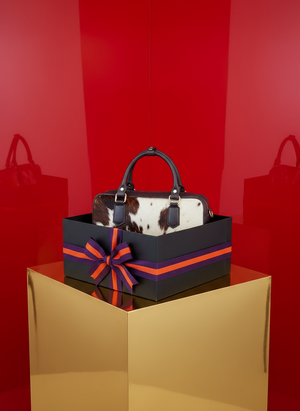 MITZY , COWHIDE & LEATHER HANDBAG , CHOCOLATE BROWN & MULTY