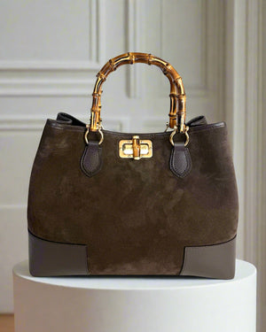 CHELSEA , SUEDE AND LEATHER HANDBAG , DARK CHOCOLATE