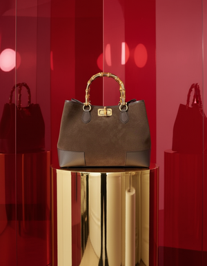 CHELSEA , SUEDE AND LEATHER HANDBAG , DARK CHOCOLATE