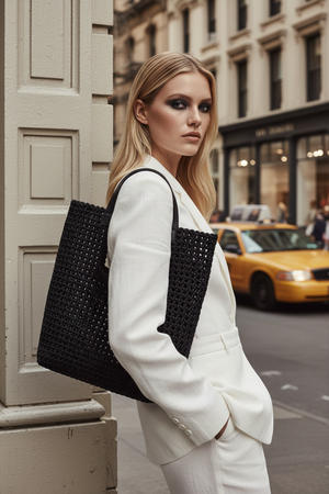 MONACO , WOVEN LEATHER SHOULDER BAG , BLACK