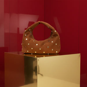 BEATRICE , GOLD STUDDS SHOULDER BAG , BROWN