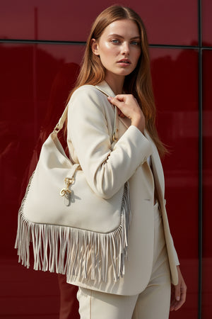 BROOKLYN , SHOULDER BAG WITH FRINGE , VANILLA