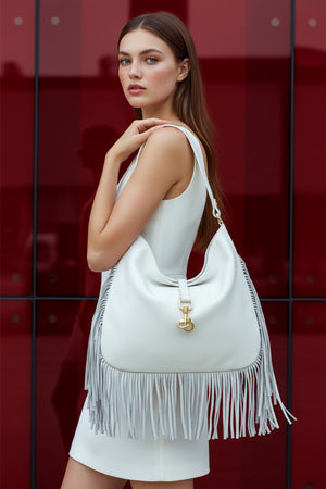 BROOKLYN , SHOULDER BAG WITH FRINGE , WHITE