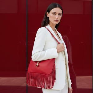 BROOKLYN , SHOULDER BAG WITH FRINGE , RED