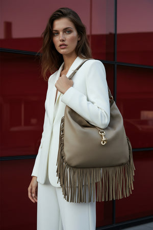 BROOKLYN , SHOULDER BAG WITH FRINGE , TAUPE