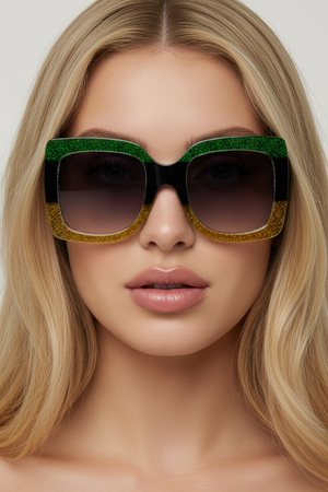 MILLY , LARGE FRAME SUNGLASSES , GREEN & GLITTER