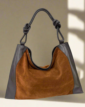 EMPIRE , LEATHER & SUEDE LARGE SHOULDER BAG , TAN & CHOCOLATE