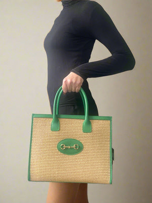 TAORMINA , LEATHER & RAFFIA TOTE BAG , GREEN