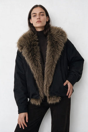 BOMBER JACKET WITH FAUX FUR COLLAR , BLACK