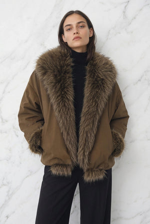 BOMBER JACKET WITH FAUX FUR COLLAR , BROWN