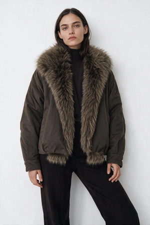 BOMBER JACKET WITH FAUX FUR COLLAR , DARK CHOCOLATE