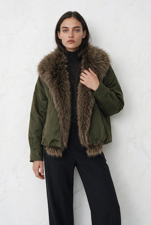 BOMBER JACKET WITH FAUX FUR COLLAR , GREEN