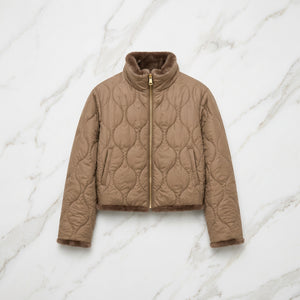 REVERSIBLE , FAUX FUR QUILTED JACKET , TAUPE