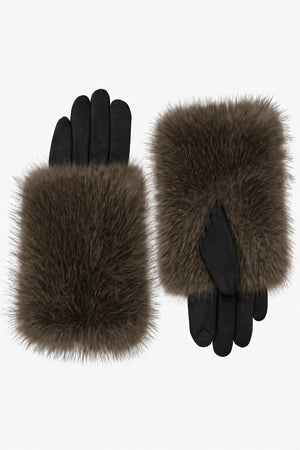 FAUX FUR GLOVES , BLACK WITH TAUPE FUR
