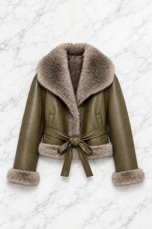 FAUX SHEEPSKIN & FUR BELTED JACKET , GREEN