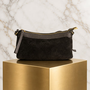 THE ARC SUEDE CROSSBODY BAG , DARK CHOCOLATE BROWN