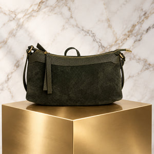 THE ARC SUEDE CROSSBODY BAG , GREEN