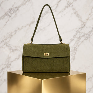 MOCK CROC SUEDE SHOULDER BAG , GREEN