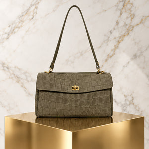 MOCK CROC SUEDE SHOULDER BAG , TAUPE