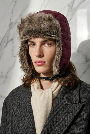 FAUX FUR QUILTED HAT , RED