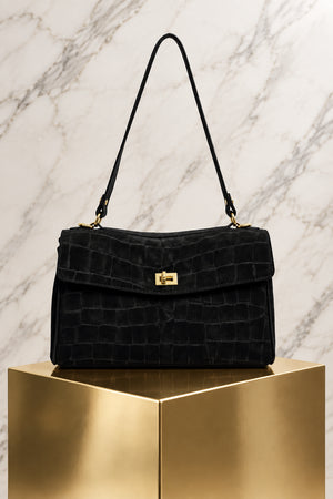 MOCK CROC SUEDE SHOULDER BAG , BLACK