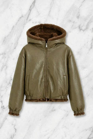 FAUX FUR FAUX LEATHER REVERSIBLE HOODED JACKET , GREEN