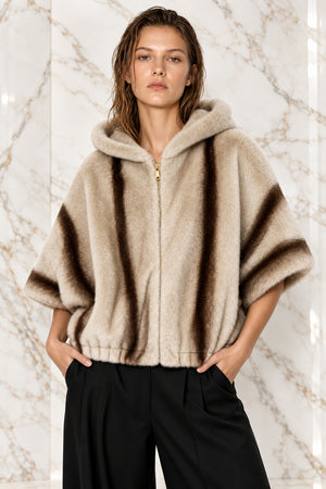 FAUX FUR CROPPED SLEEVE JACKET , BEIGE