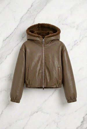 FAUX FUR FAUX LEATHER REVERSIBLE HOODED JACKET , LIGHT CHOCOLATE