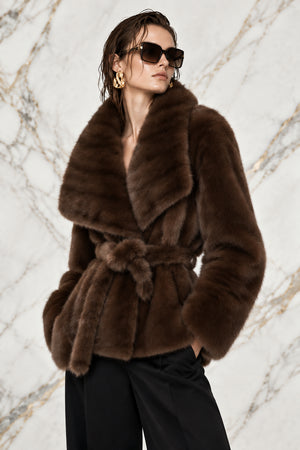 SHAWL COLLAR FAUX FUR JACKET , DARK BROWN