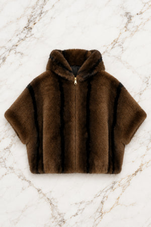 FAUX FUR CROPPED SLEEVE JACKET , CHOCOLATE