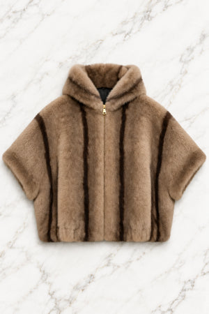 FAUX FUR CROPPED SLEEVE JACKET , TAUPE