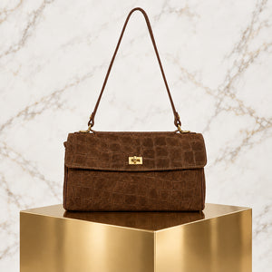 MOCK CROC SUEDE SHOULDER BAG , BROWN