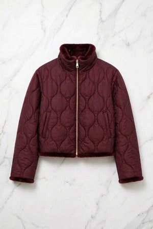 REVERSIBLE , FAUX FUR QUILTED JACKET , RED