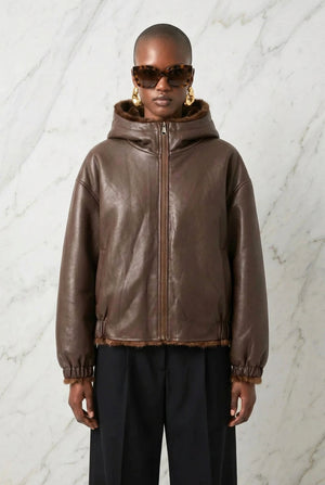 FAUX FUR FAUX LEATHER REVERSIBLE HOODED JACKET , CHOCOLATE