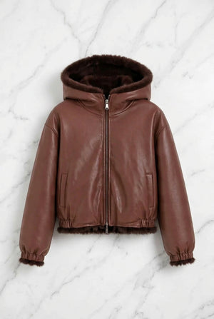 FAUX FUR FAUX LEATHER REVERSIBLE HOODED JACKET , RED