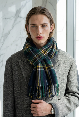 WOOL BLEND SCARF , TARTAN NAVY