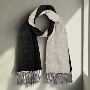 FRANCES , DOUBLE FACE , CASHMERE MIX SCARF , BLACK & TAUPE