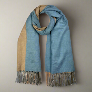 FRANCES , DOUBLE FACE , CASHMERE MIX SCARF , BLUE & TAUPE