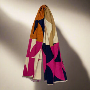 GEOMETRIC PRINT , CASHMERE MIX SCARF , FUCHSIA & ORANGE